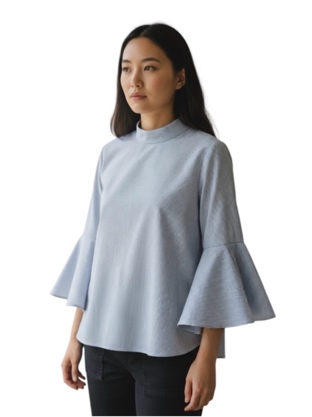 PLEIONE Seersucker Long Sleeve Women’s Top with Bell Sleeves size Small